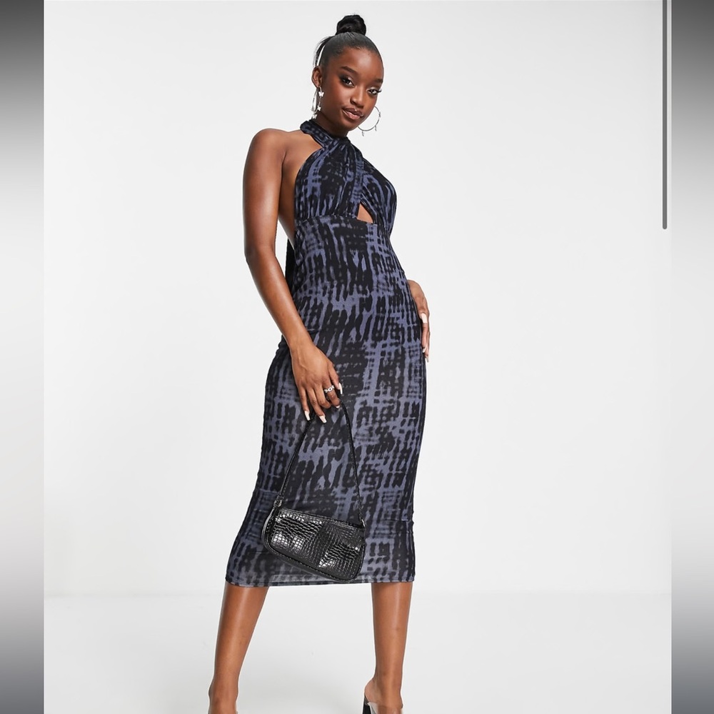 NWT ASOS Halter Dress Midi Blue Black Tie Dye Summer Beach Vacation Dress 0